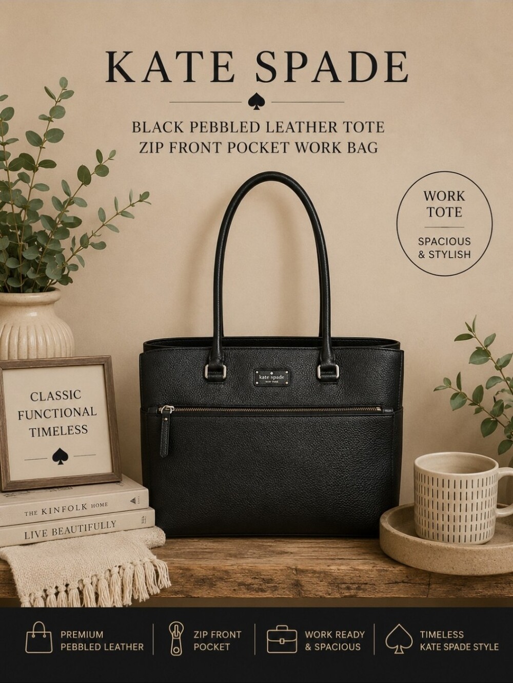 Kate Spade Black Pebbled Leather Tote Zip Front Pocket Work Bag Classic Shopper